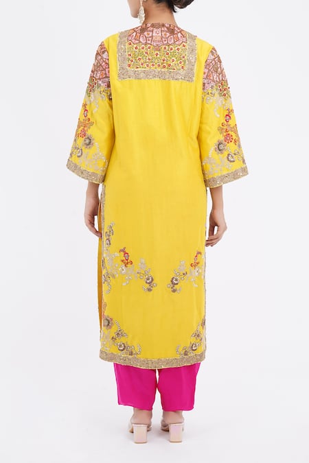Shop_Debyani + CO_Yellow Cotton Sequins, Beads, Embroidery Round Neck Floral Kurta Set _at_Aza_Fashions