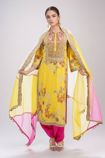 Debyani + CO_Yellow Cotton Sequins, Beads, Embroidery Round Neck Floral Kurta Set _at_Aza_Fashions