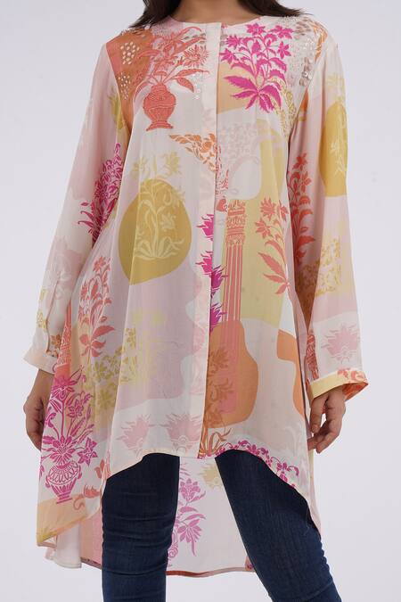 Pankaj & Nidhi_Multi Color Embroidery Round Neck Floral Print Shirt Tunic _Online_at_Aza_Fashions