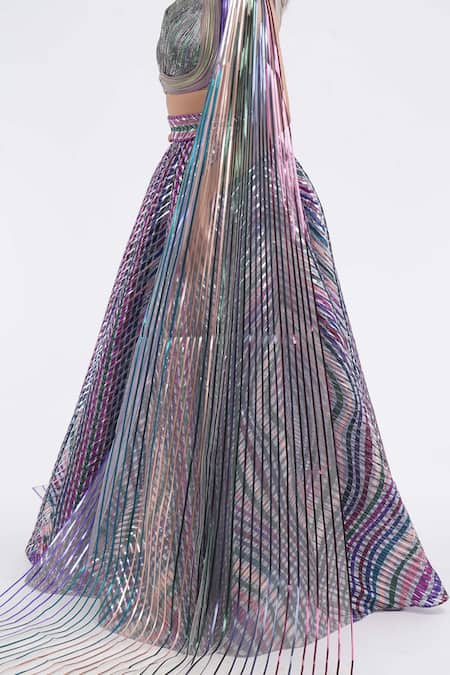 Amit Aggarwal_Multi Color Silk, Georgette, Polyester Cut Work Metallic Structured Lehenga Set _Online_at_Aza_Fashions