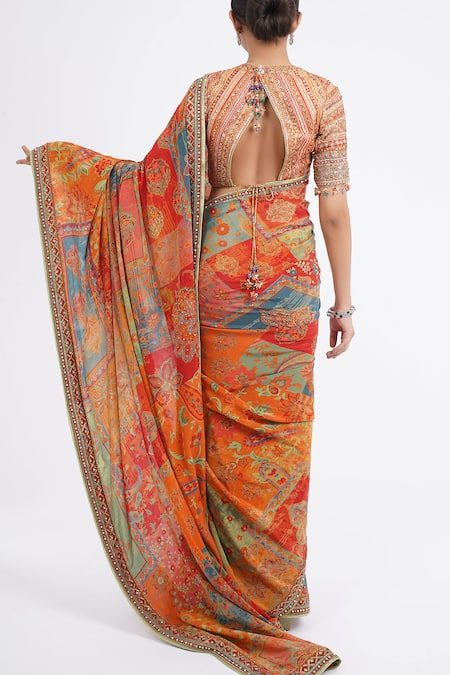 Shop Tarun Tahiliani Multi Color Sequins Sweetheart Neck Floral Print Saree With Embroidered Blouse at Aza Fashions Shop_Tarun Tahiliani_Multi Color Sequins Sweetheart Neck Floral Print Saree With Embroidered Blouse _at_Aza_Fashions