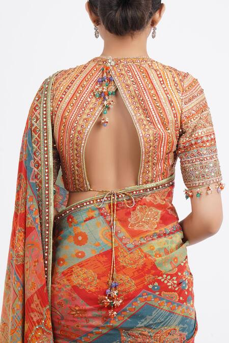 Buy Tarun Tahiliani Multi Color Sequins Sweetheart Neck Floral Print Saree With Embroidered Blouse Online at Aza Fashions Buy_Tarun Tahiliani_Multi Color Sequins Sweetheart Neck Floral Print Saree With Embroidered Blouse _Online_at_Aza_Fashions