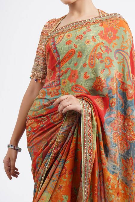 Shop Tarun Tahiliani Multi Color Sequins Sweetheart Neck Floral Print Saree With Embroidered Blouse Online at Aza Fashions Shop_Tarun Tahiliani_Multi Color Sequins Sweetheart Neck Floral Print Saree With Embroidered Blouse _Online_at_Aza_Fashions