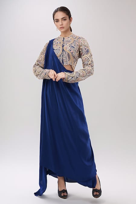 Anamika Khanna Embroidered Blouse With Draped Skirt Set 