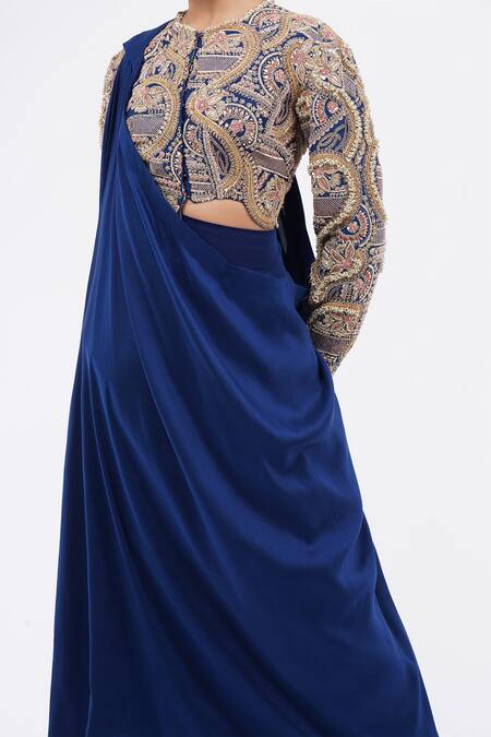 Anamika Khanna_Blue Embroidery Round Neck Blouse With Draped Skirt Set_Online_at_Aza_Fashions