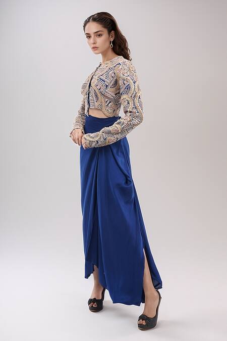 Buy_Anamika Khanna_Blue Embroidery Round Neck Blouse With Draped Skirt Set_Online_at_Aza_Fashions