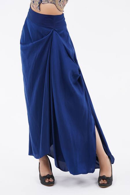 Shop_Anamika Khanna_Blue Embroidery Round Neck Blouse With Draped Skirt Set_Online_at_Aza_Fashions