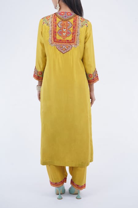 Shop_Debyani + CO_Yellow Cotton Embroidery, Sequins, Tassels Round Neck Kurta And Pant Set _at_Aza_Fashions