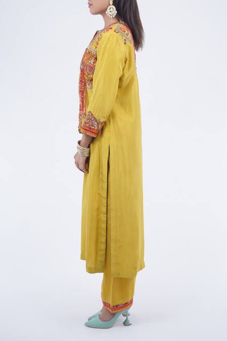 Debyani + CO_Yellow Cotton Embroidery, Sequins, Tassels Round Neck Kurta And Pant Set _Online_at_Aza_Fashions