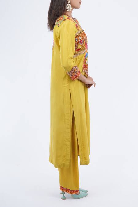 Buy_Debyani + CO_Yellow Cotton Embroidery, Sequins, Tassels Round Neck Kurta And Pant Set _Online_at_Aza_Fashions