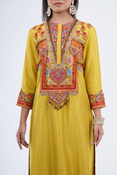 Shop_Debyani + CO_Yellow Cotton Embroidery, Sequins, Tassels Round Neck Kurta And Pant Set _Online_at_Aza_Fashions