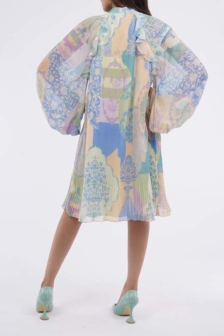 Shop_Pankaj & Nidhi_Multi Color Chiffon Ruffles Bandeau Neck Mughal Floral Print Pleated Dress _at_Aza_Fashions