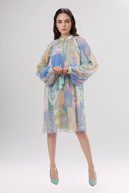 Pankaj & Nidhi_Multi Color Chiffon Ruffles Bandeau Neck Mughal Floral Print Pleated Dress _Online_at_Aza_Fashions