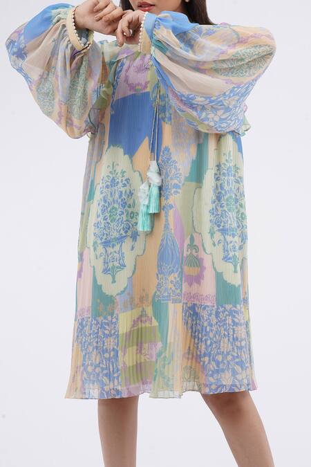 Buy_Pankaj & Nidhi_Multi Color Chiffon Ruffles Bandeau Neck Mughal Floral Print Pleated Dress _Online_at_Aza_Fashions