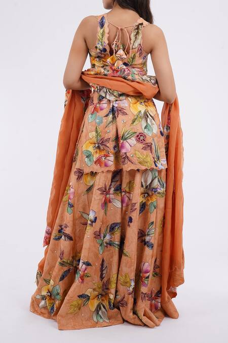 Shop_Kalista_Peach Chiffon Embroidery Round Neck Botanic Print Kurta Sharara Set_at_Aza_Fashions