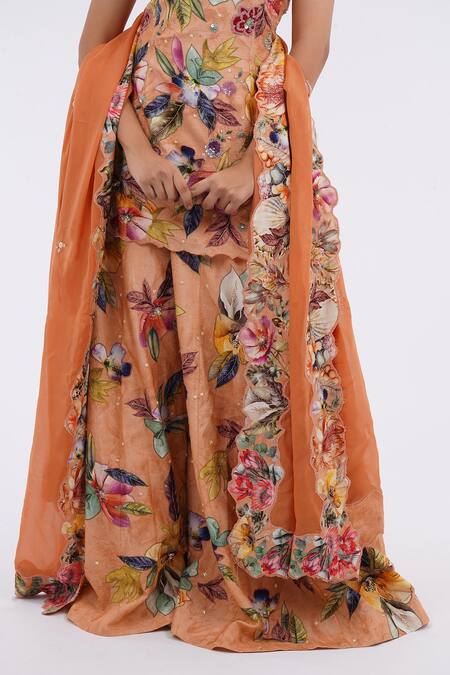 Shop_Kalista_Peach Chiffon Embroidery Round Neck Botanic Print Kurta Sharara Set_Online_at_Aza_Fashions