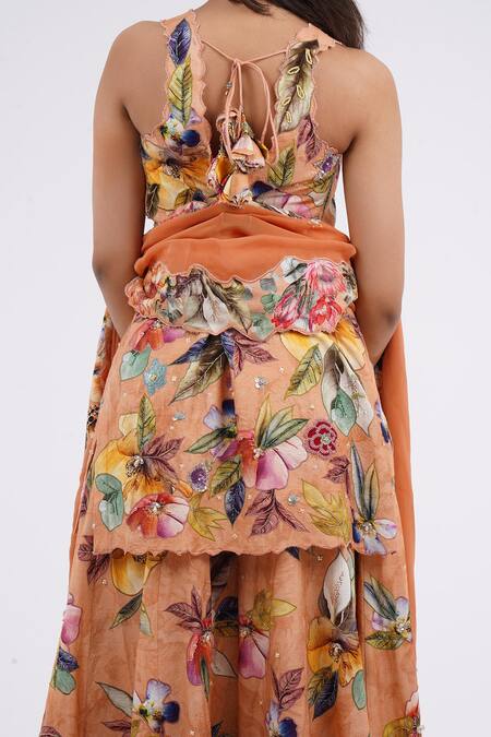Kalista_Peach Chiffon Embroidery Round Neck Botanic Print Kurta Sharara Set_at_Aza_Fashions