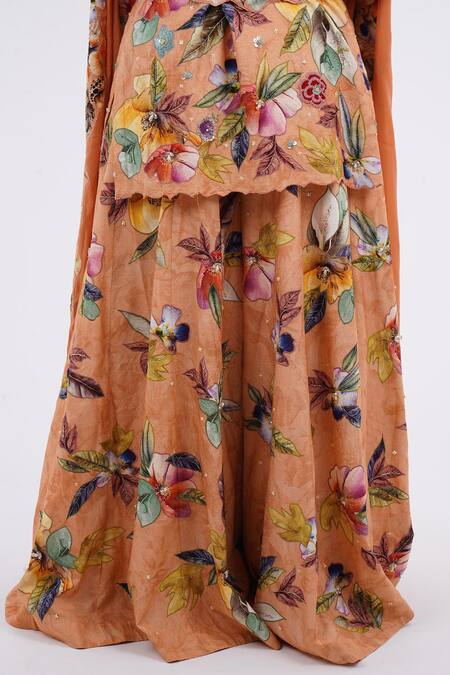Buy_Kalista_Peach Chiffon Embroidery Round Neck Botanic Print Kurta Sharara Set