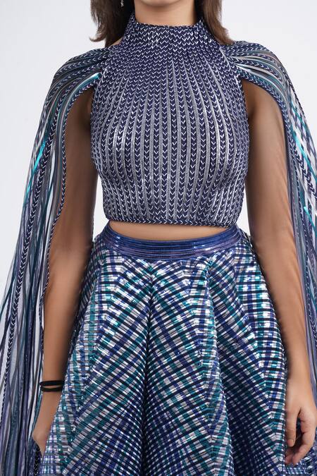 Amit Aggarwal_Blue Georgette, Silk Cut Work Metallic Embellished Lehenga And Cape Blouse Set _Online_at_Aza_Fashions