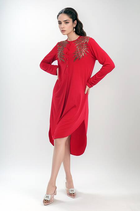 Namrata Joshipura_Red Cotton Embroidery Round Neck Autumn Fern Asymmetric Tunic Dress_Online_at_Aza_Fashions
