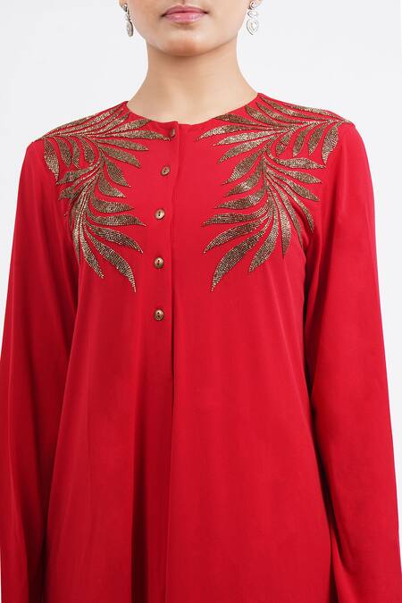 Buy_Namrata Joshipura_Red Cotton Embroidery Round Neck Autumn Fern Asymmetric Tunic Dress_Online_at_Aza_Fashions