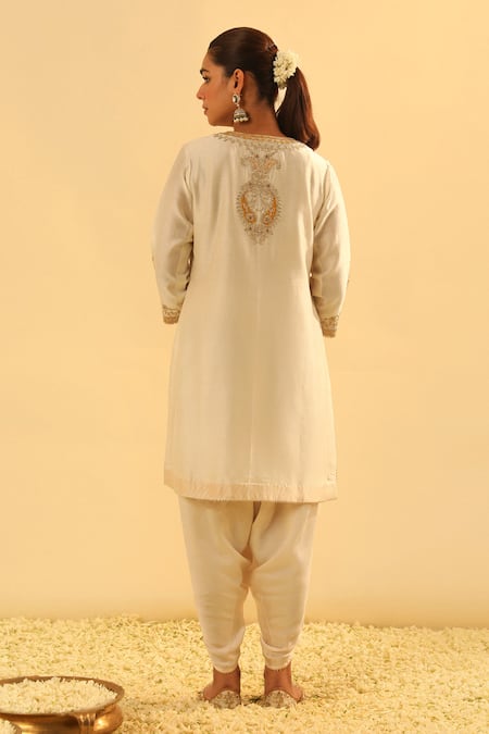 Shop_Sheetal Batra_Ivory Silk, Chanderi, Aashna Kashmiri Tilla Embroidered Kurta And Dhoti Pant Set _at_Aza_Fashions