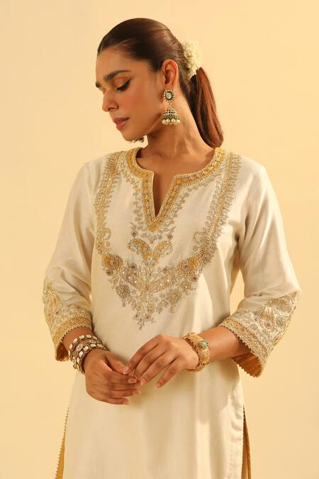 Buy_Sheetal Batra_Ivory Silk, Chanderi, Aashna Kashmiri Tilla Embroidered Kurta And Dhoti Pant Set _Online_at_Aza_Fashions