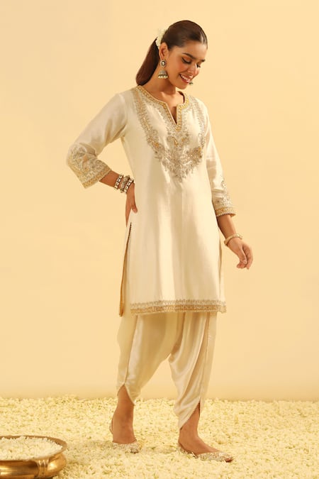 Shop_Sheetal Batra_Ivory Silk, Chanderi, Aashna Kashmiri Tilla Embroidered Kurta And Dhoti Pant Set _Online_at_Aza_Fashions