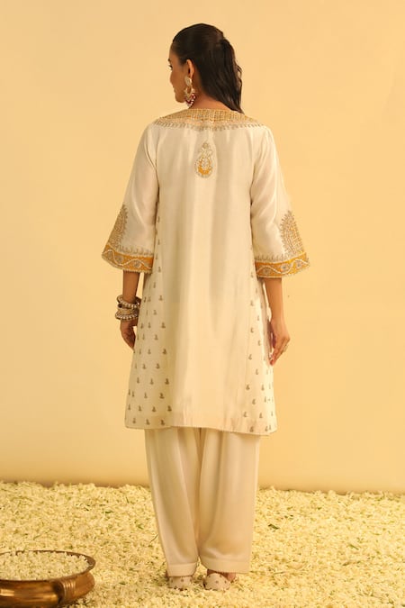Shop Sheetal Batra Ivory Silk, Chanderi, Bamboo, Satin Gota Arisana Kalidar Kurta And Salwar Set at Aza Fashions Shop_Sheetal Batra_Ivory Silk, Chanderi, Bamboo, Satin Gota Arisana Kalidar Kurta And Salwar Set _at_Aza_Fashions