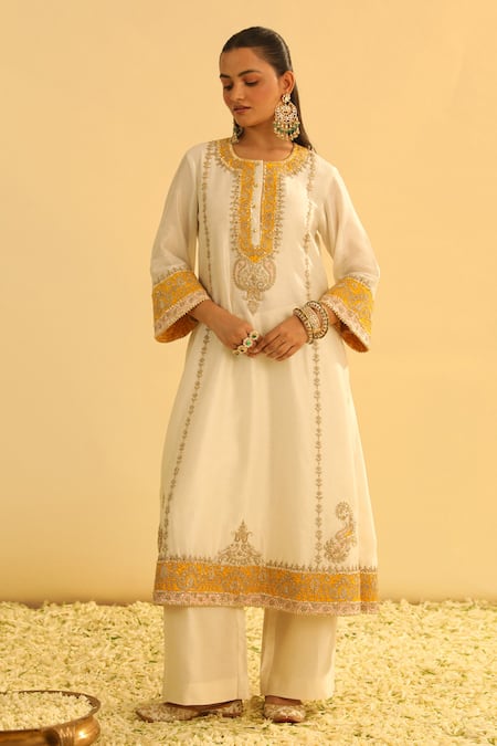 Sheetal Batra_Ivory , , Organza, Asmira Kurta Palazzo Set _Online_at_Aza_Fashions