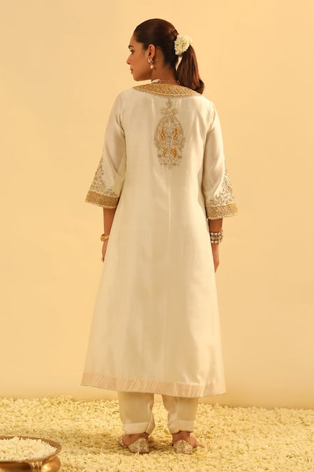 Shop Sheetal Batra Ivory Silk, Chanderi, Bamboo Gota Patti, Shazana A-line Kurta And Salwar Set at Aza Fashions Shop_Sheetal Batra_Ivory Silk, Chanderi, Bamboo Gota Patti, Shazana A-line Kurta And Salwar Set _at_Aza_Fashions