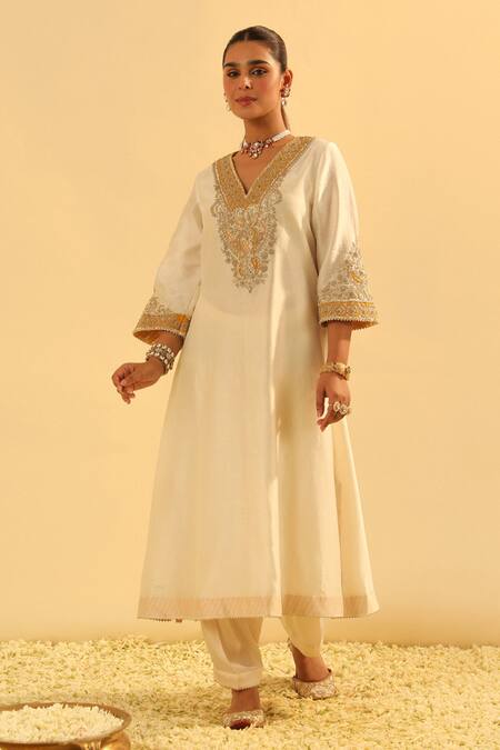 Sheetal Batra Ivory Silk, Chanderi, Bamboo Gota Patti, Shazana A-line Kurta And Salwar Set Online at Aza Fashions Sheetal Batra_Ivory Silk, Chanderi, Bamboo Gota Patti, Shazana A-line Kurta And Salwar Set _Online_at_Aza_Fashions