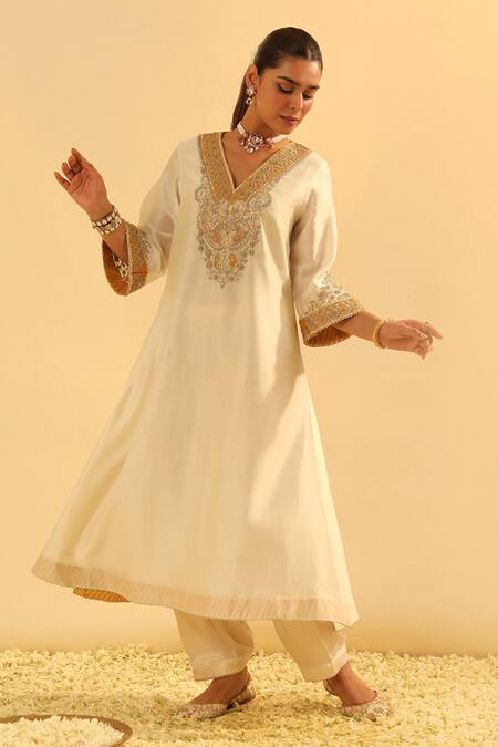 Buy Sheetal Batra Ivory Silk, Chanderi, Bamboo Gota Patti, Shazana A-line Kurta And Salwar Set Online at Aza Fashions Buy_Sheetal Batra_Ivory Silk, Chanderi, Bamboo Gota Patti, Shazana A-line Kurta And Salwar Set _Online_at_Aza_Fashions