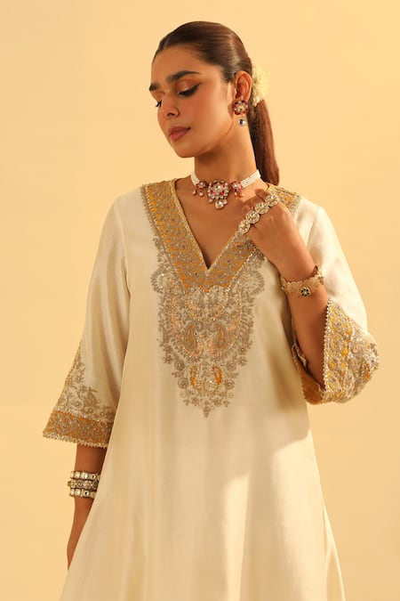 Shop Sheetal Batra Ivory Silk, Chanderi, Bamboo Gota Patti, Shazana A-line Kurta And Salwar Set Online at Aza Fashions Shop_Sheetal Batra_Ivory Silk, Chanderi, Bamboo Gota Patti, Shazana A-line Kurta And Salwar Set _Online_at_Aza_Fashions