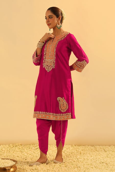 Sheetal Batra_Pink Silk, Chanderi Gota Patti, Embroidery Split Anjum Kurta And Dhoti Pant Set _Online_at_Aza_Fashions