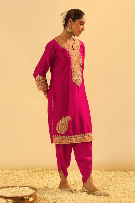 Buy_Sheetal Batra_Pink Silk, Chanderi Gota Patti, Embroidery Split Anjum Kurta And Dhoti Pant Set _Online_at_Aza_Fashions
