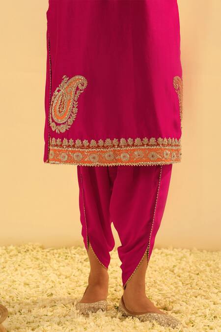 Shop_Sheetal Batra_Pink Silk, Chanderi Gota Patti, Embroidery Split Anjum Kurta And Dhoti Pant Set _Online_at_Aza_Fashions
