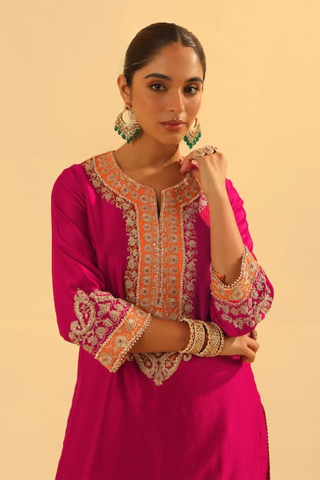 Sheetal Batra_Pink Silk, Chanderi Gota Patti, Embroidery Split Anjum Kurta And Dhoti Pant Set _at_Aza_Fashions