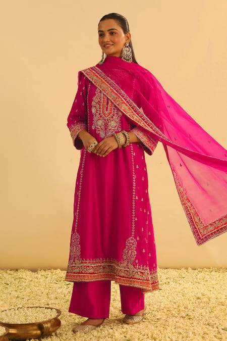 Sheetal Batra Pink Kurta And Palazzo Silk Chanderi Embroidered Kundan Notched Mayra Long Set 