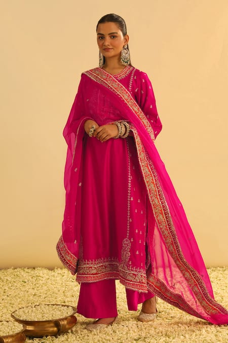 Shop Sheetal Batra Pink , Chanderi, Organza Gota Patti, Mayra Long Kurta Palazzo Set Online at Aza Fashions Shop_Sheetal Batra_Pink , Chanderi, Organza Gota Patti, Mayra Long Kurta Palazzo Set _Online_at_Aza_Fashions