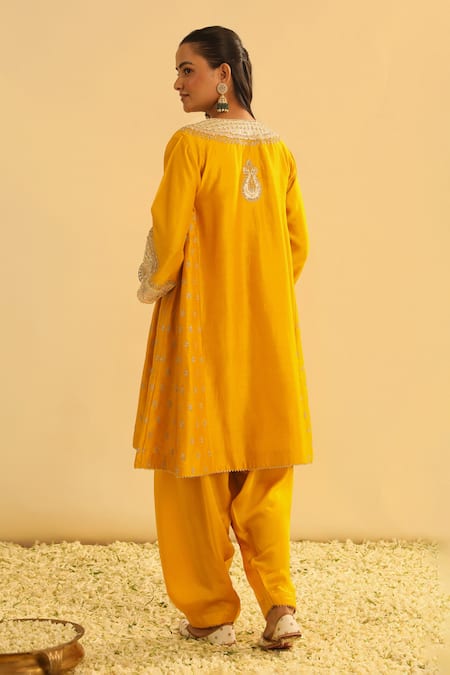 Shop Sheetal Batra Yellow Silk, Chanderi, Bamboo, Satin Gota Arisana Kalidar Kurta And Salwar Set at Aza Fashions Shop_Sheetal Batra_Yellow Silk, Chanderi, Bamboo, Satin Gota Arisana Kalidar Kurta And Salwar Set _at_Aza_Fashions