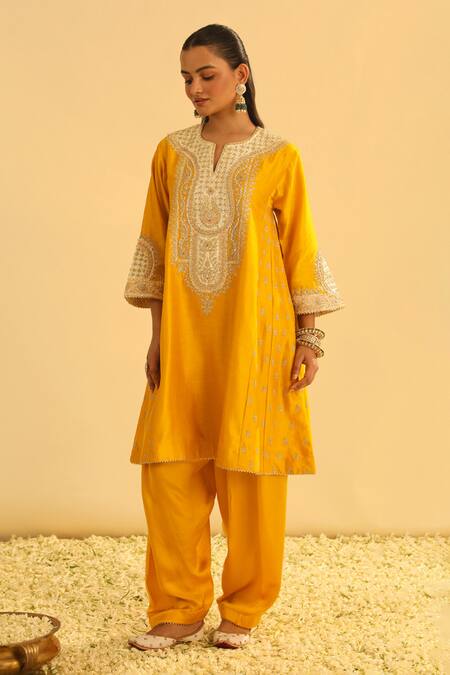 Buy Sheetal Batra Yellow Silk, Chanderi, Bamboo, Satin Gota Arisana Kalidar Kurta And Salwar Set Online at Aza Fashions Buy_Sheetal Batra_Yellow Silk, Chanderi, Bamboo, Satin Gota Arisana Kalidar Kurta And Salwar Set _Online_at_Aza_Fashions