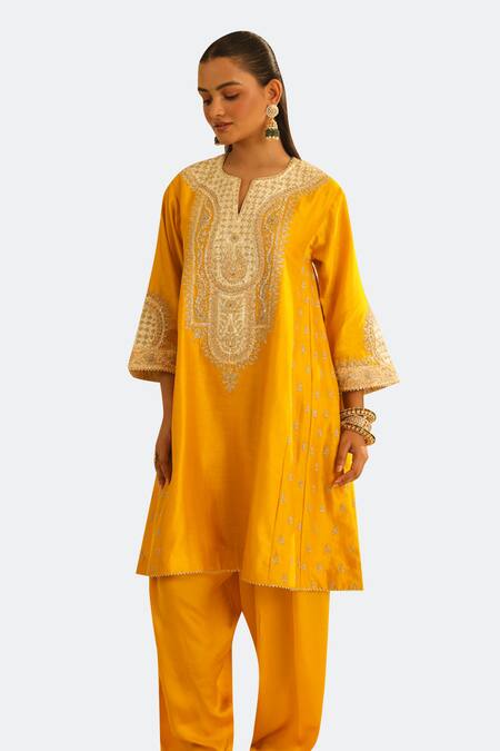 Shop Sheetal Batra Yellow Silk, Chanderi, Bamboo, Satin Gota Arisana Kalidar Kurta And Salwar Set Online at Aza Fashions Shop_Sheetal Batra_Yellow Silk, Chanderi, Bamboo, Satin Gota Arisana Kalidar Kurta And Salwar Set _Online_at_Aza_Fashions