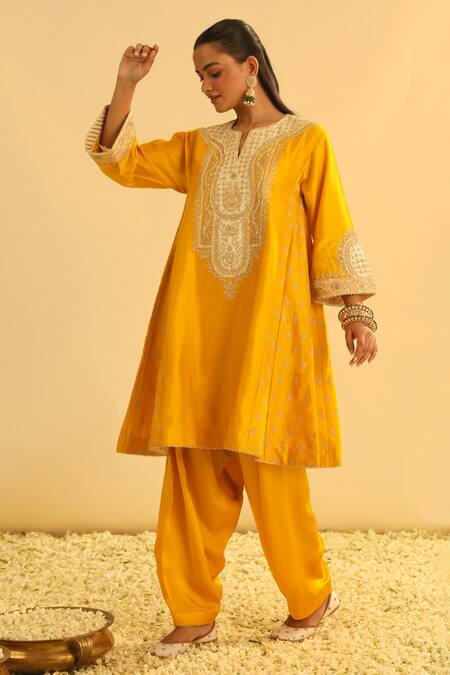 Sheetal Batra Yellow Silk, Chanderi, Bamboo, Satin Gota Arisana Kalidar Kurta And Salwar Set at Aza Fashions Sheetal Batra_Yellow Silk, Chanderi, Bamboo, Satin Gota Arisana Kalidar Kurta And Salwar Set _at_Aza_Fashions