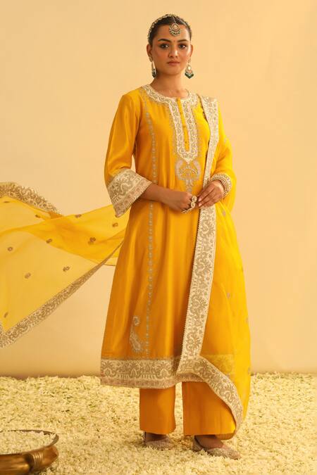 Sheetal Batra_Yellow , Chanderi, Organza Gota Patti, Asmira Kurta Palazzo Set _Online_at_Aza_Fashions