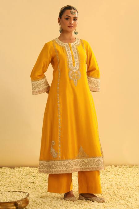 Buy_Sheetal Batra_Yellow , Chanderi, Organza Gota Patti, Asmira Kurta Palazzo Set _Online_at_Aza_Fashions