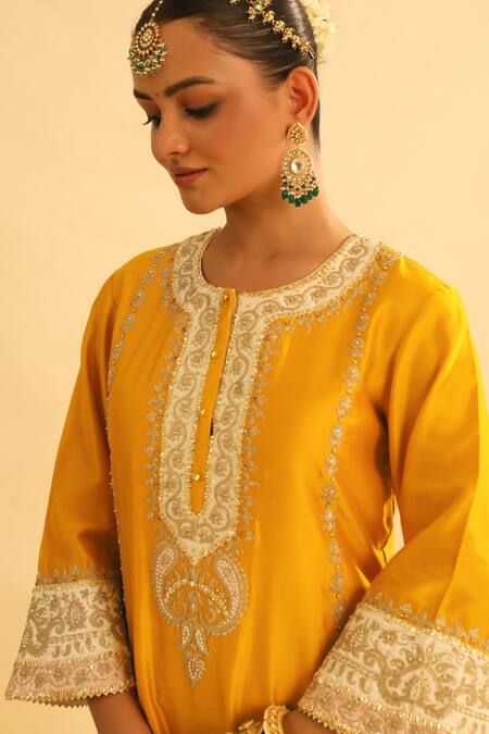 Shop_Sheetal Batra_Yellow , Chanderi, Organza Gota Patti, Asmira Kurta Palazzo Set _Online_at_Aza_Fashions