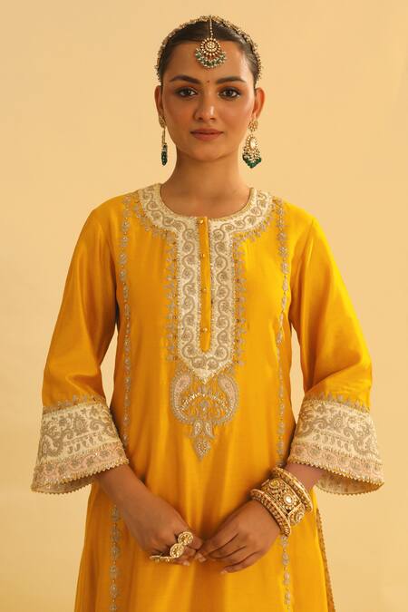 Sheetal Batra_Yellow , Chanderi, Organza Gota Patti, Asmira Kurta Palazzo Set _at_Aza_Fashions