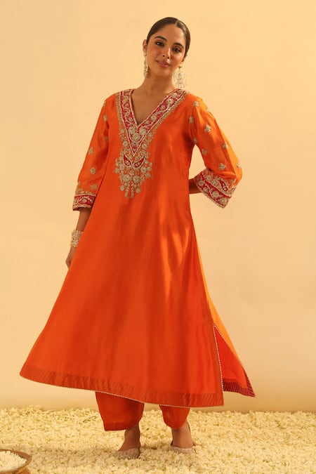 Sheetal Batra Orange Kurta Silk Chanderi Embroidered Kundan V Neck Alima A-line And Salwar Set 