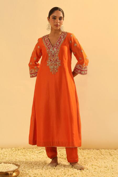 Sheetal Batra_Orange Silk, Chanderi, Bamboo Gota Patti, Alima A-line Kurta And Salwar Set _Online_at_Aza_Fashions